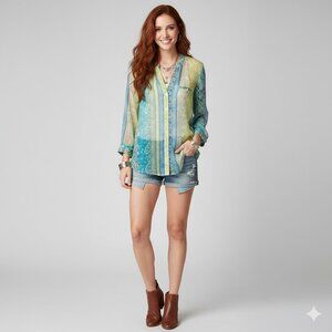 KUT from the Kloth Sheer Paisley Mixed Print Blouse Blue Green Size M Boho